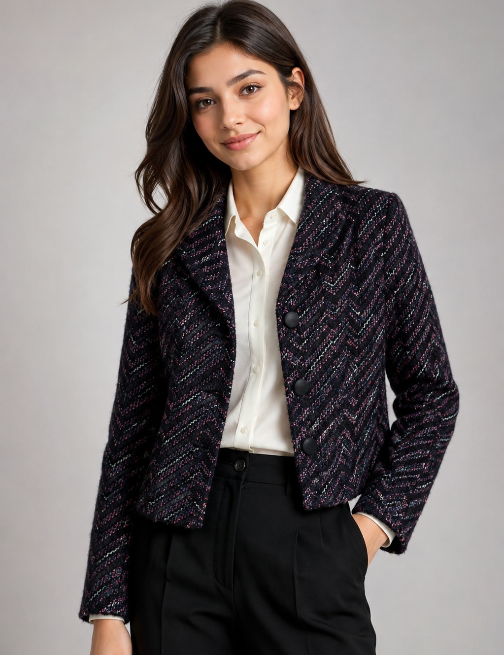 ALEX SCO women's textured tweed blazer in UK size 12. Stylish cropped tailored jacket with patterned weave, notched lapels and button fastening, perfect for formal and office wear.