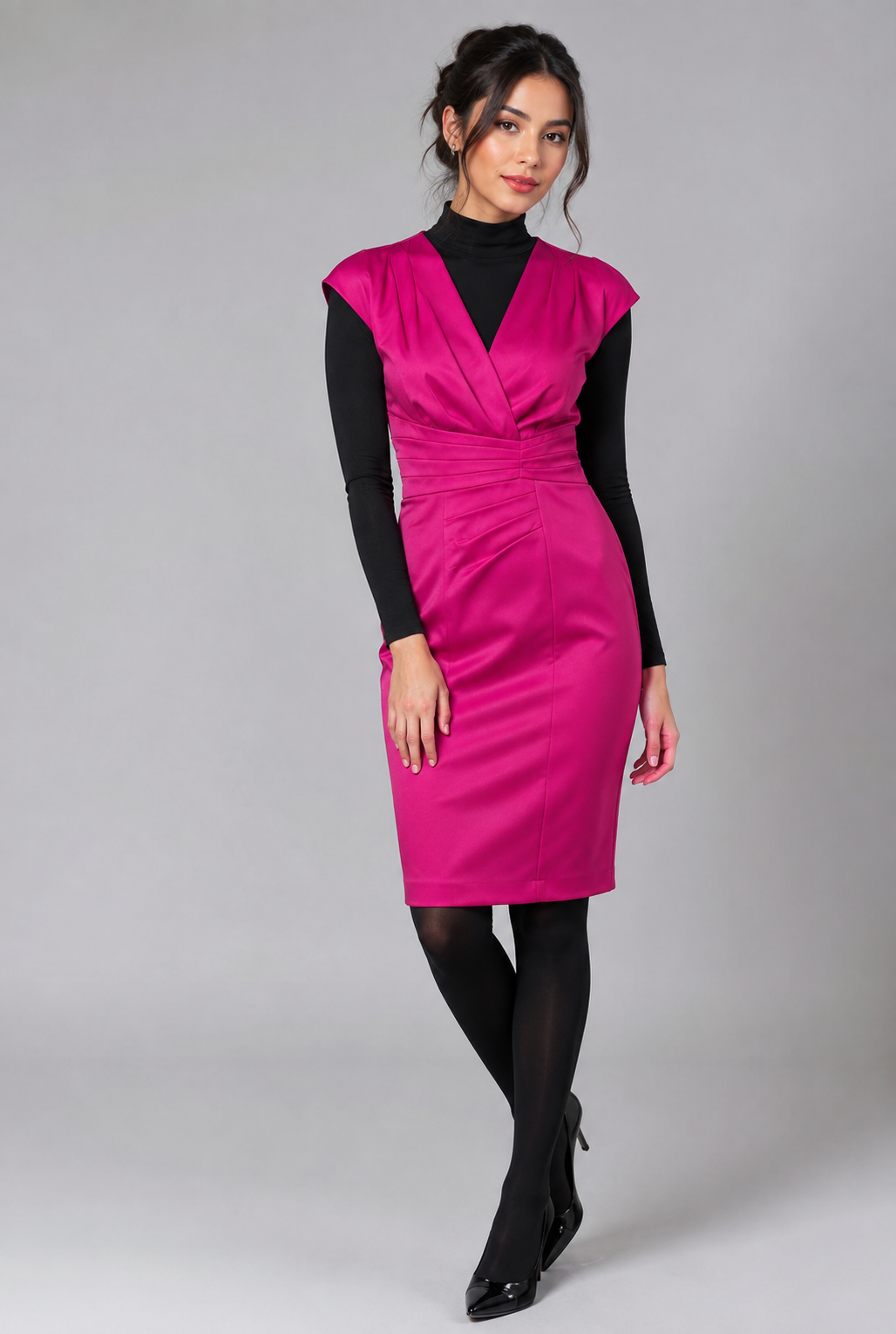 ALEXON Women's Fuchsia Satin Sheath Dress featuring a premium satin finish, cap sleeves, flattering pleated waist, and timeless knee-length design. Perfect for weddings, parties, evening events, and formal occasions.