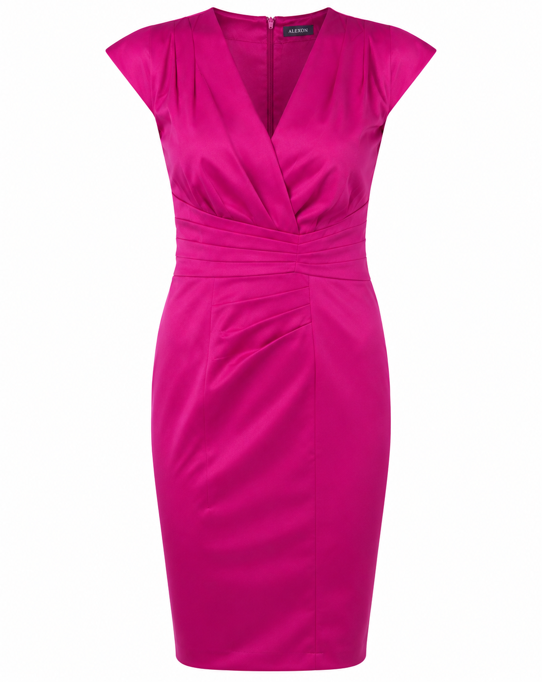  ALEXON Women's Fuchsia Satin Sheath Dress featuring a premium satin finish, cap sleeves, flattering pleated waist, and timeless knee-length design. Perfect for weddings, parties, evening events, and formal occasions.