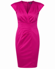  ALEXON Women's Fuchsia Satin Sheath Dress featuring a premium satin finish, cap sleeves, flattering pleated waist, and timeless knee-length design. Perfect for weddings, parties, evening events, and formal occasions.