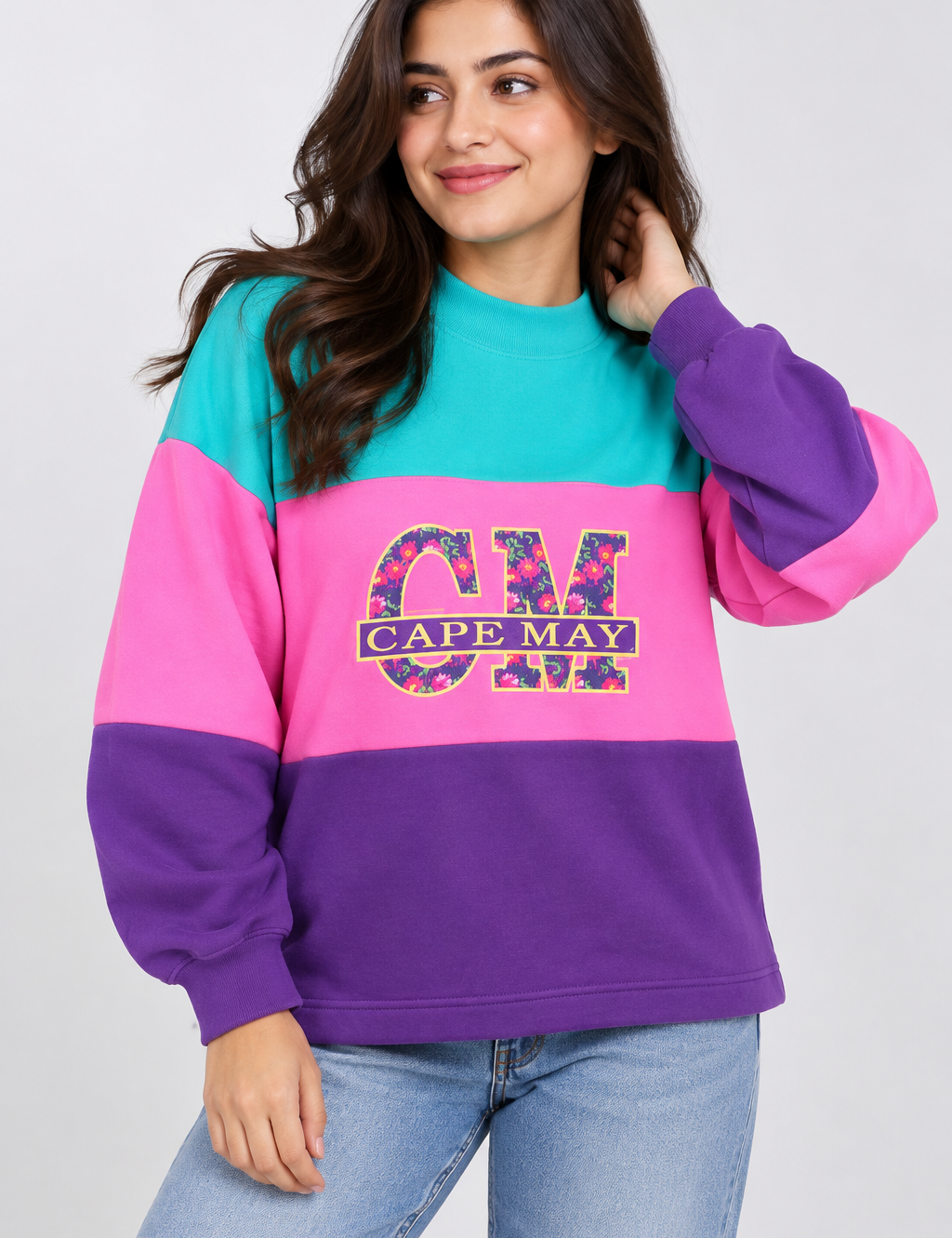 ALORE women’s colour block sweatshirt UK Size L featuring pink, purple and turquoise panels with a bold Cape May graphic. Stylish casual everyday wear.
