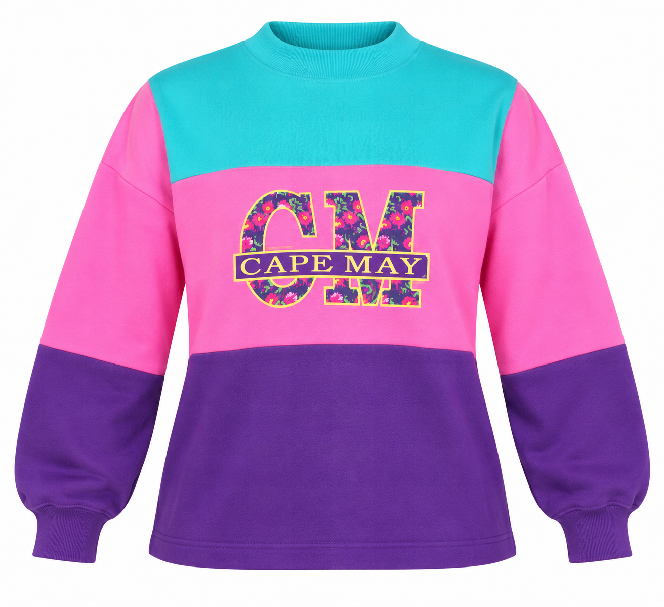 ALORE women’s colour block sweatshirt UK Size L featuring pink, purple and turquoise panels with a bold Cape May graphic. Stylish casual everyday wear.