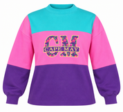 ALORE women’s colour block sweatshirt UK Size L featuring pink, purple and turquoise panels with a bold Cape May graphic. Stylish casual everyday wear.