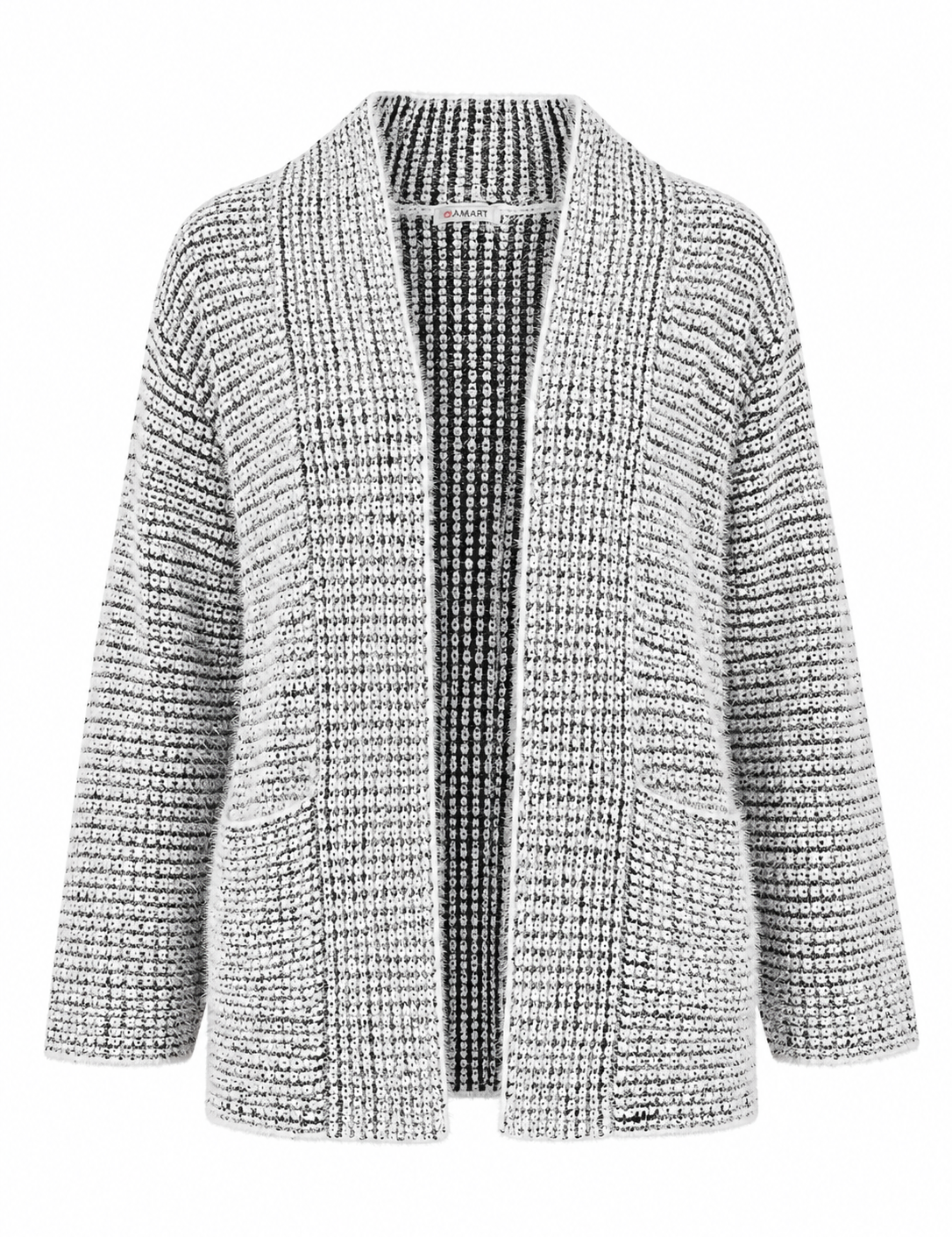A textured open-front cardigan with a black and white woven pattern, displayed on a clean white background.