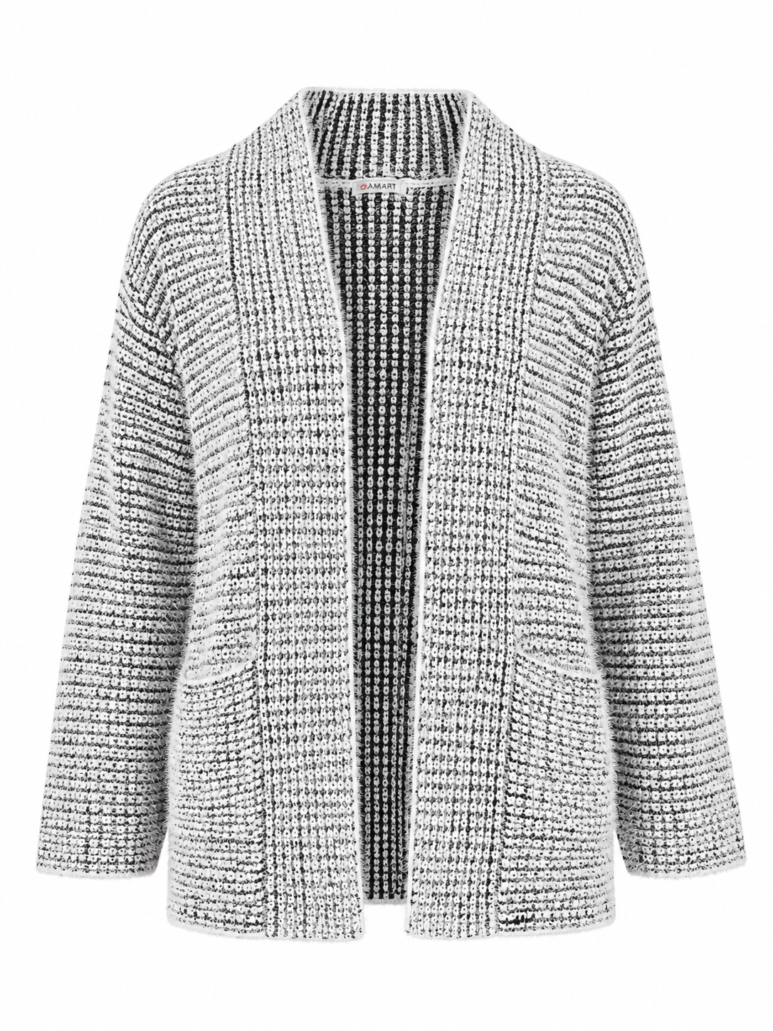 A textured open-front cardigan with a black and white woven pattern, displayed on a clean white background.