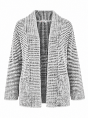A textured open-front cardigan with a black and white woven pattern, displayed on a clean white background.