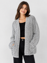 AMABIT Women's Black & White Textured Knit Open Front Cardigan Sweater