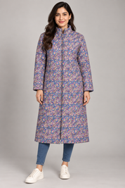   Amalina women’s long paisley print button coat in UK size 18. Featuring a stand collar, full sleeves and stylish longline fit.