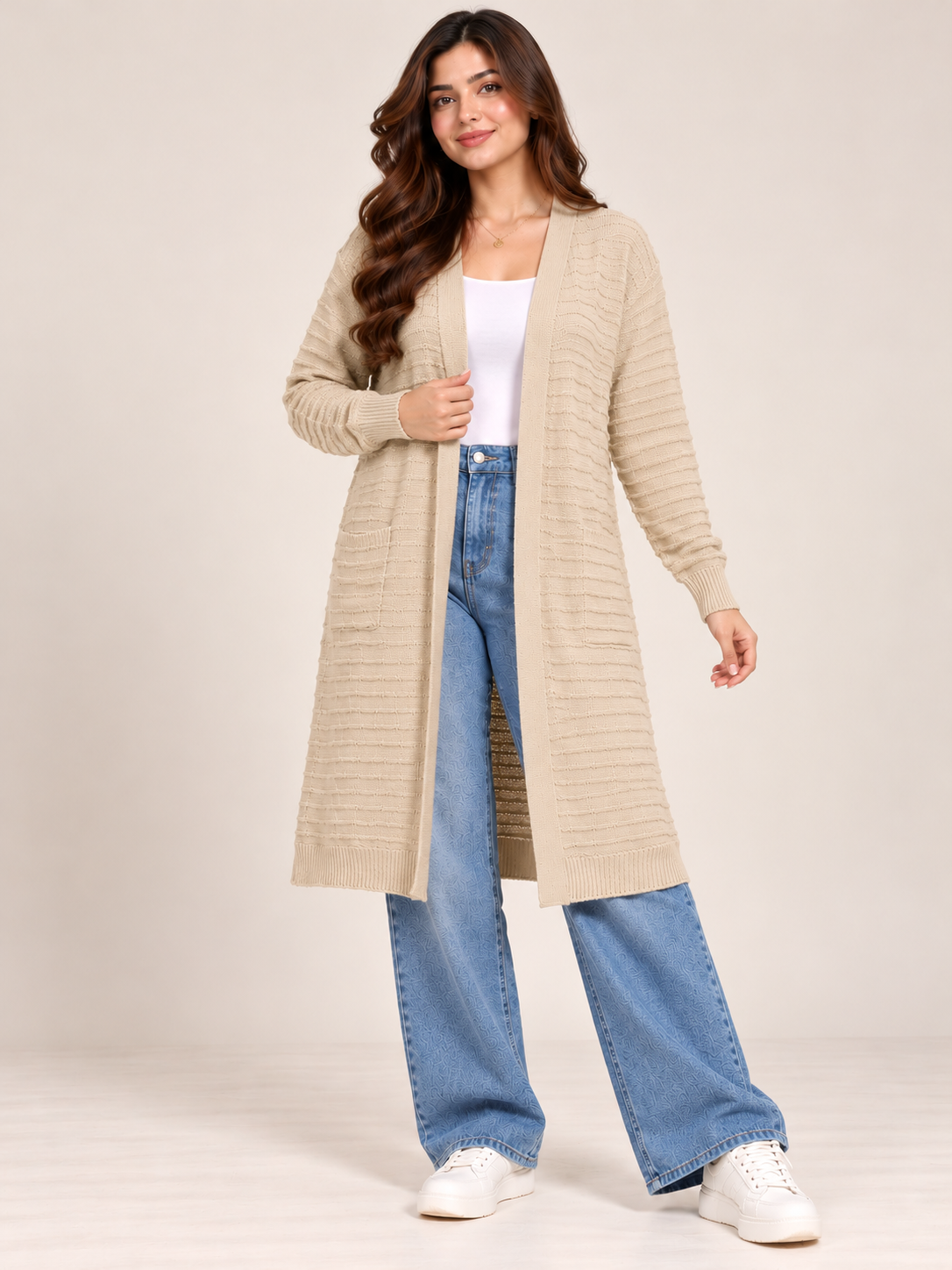  AMARA REYA Women's Light Beige Longline Knit Cardigan in UK Size L. Textured open-front design, ribbed cuffs and elegant everyday layering style.