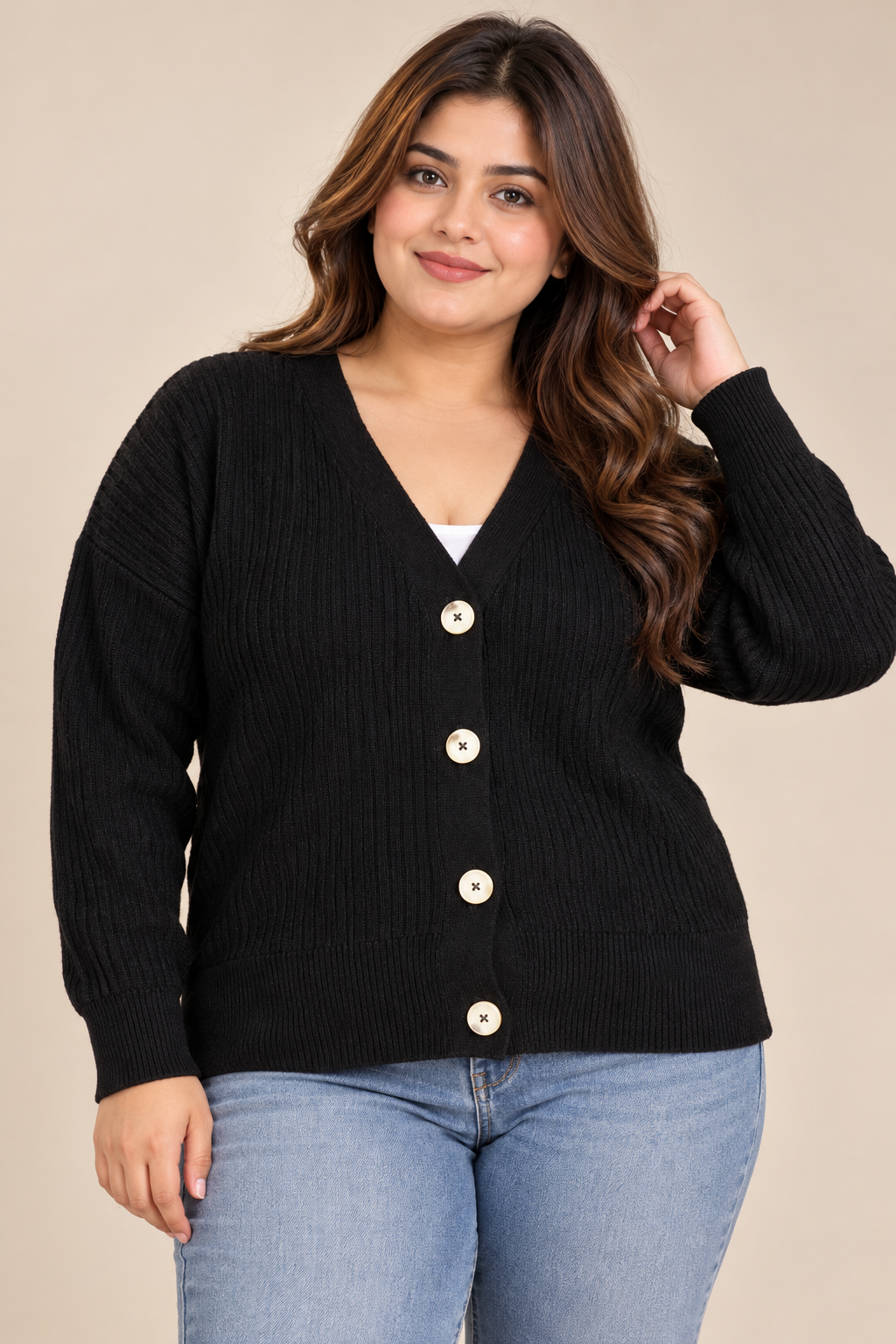AMARA REYA Women's Black Ribbed Knit Cardigan in UK XL. Stylish V-neck, cream button detailing and comfortable relaxed fit. Perfect for winter layering.
