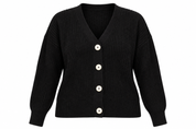 AMARA REYA Women's Black Ribbed Knit Cardigan in UK XL. Stylish V-neck, cream button detailing and comfortable relaxed fit. Perfect for winter layering.