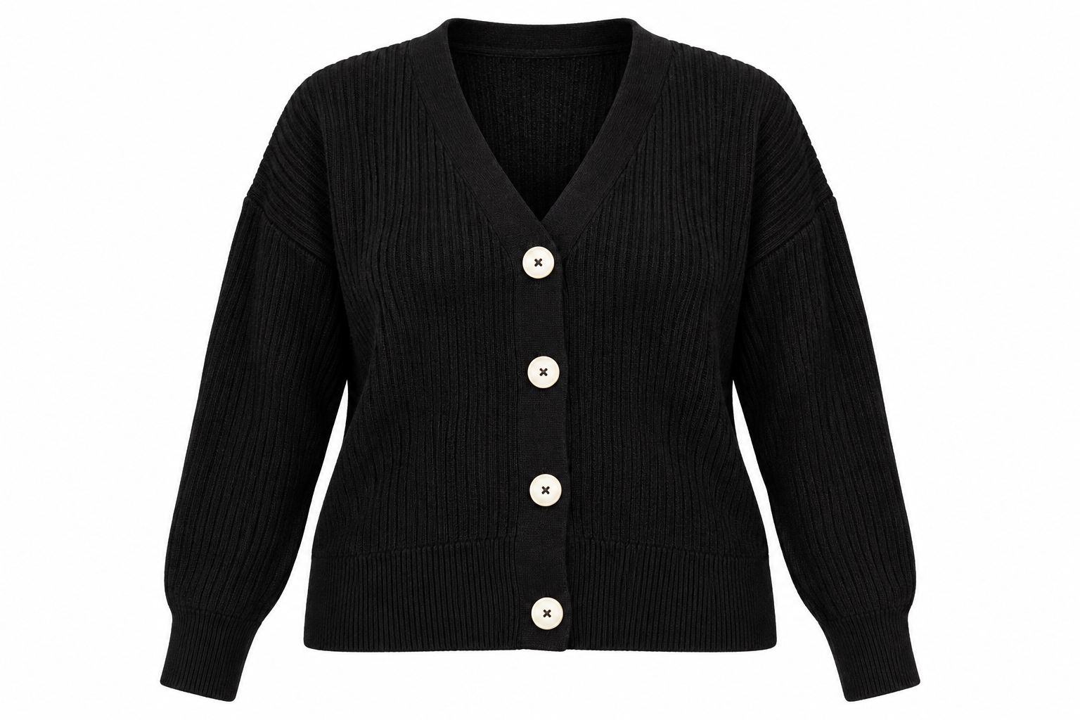 AMARA REYA Women's Black Ribbed Knit Cardigan in UK XL. Stylish V-neck, cream button detailing and comfortable relaxed fit. Perfect for winter layering.