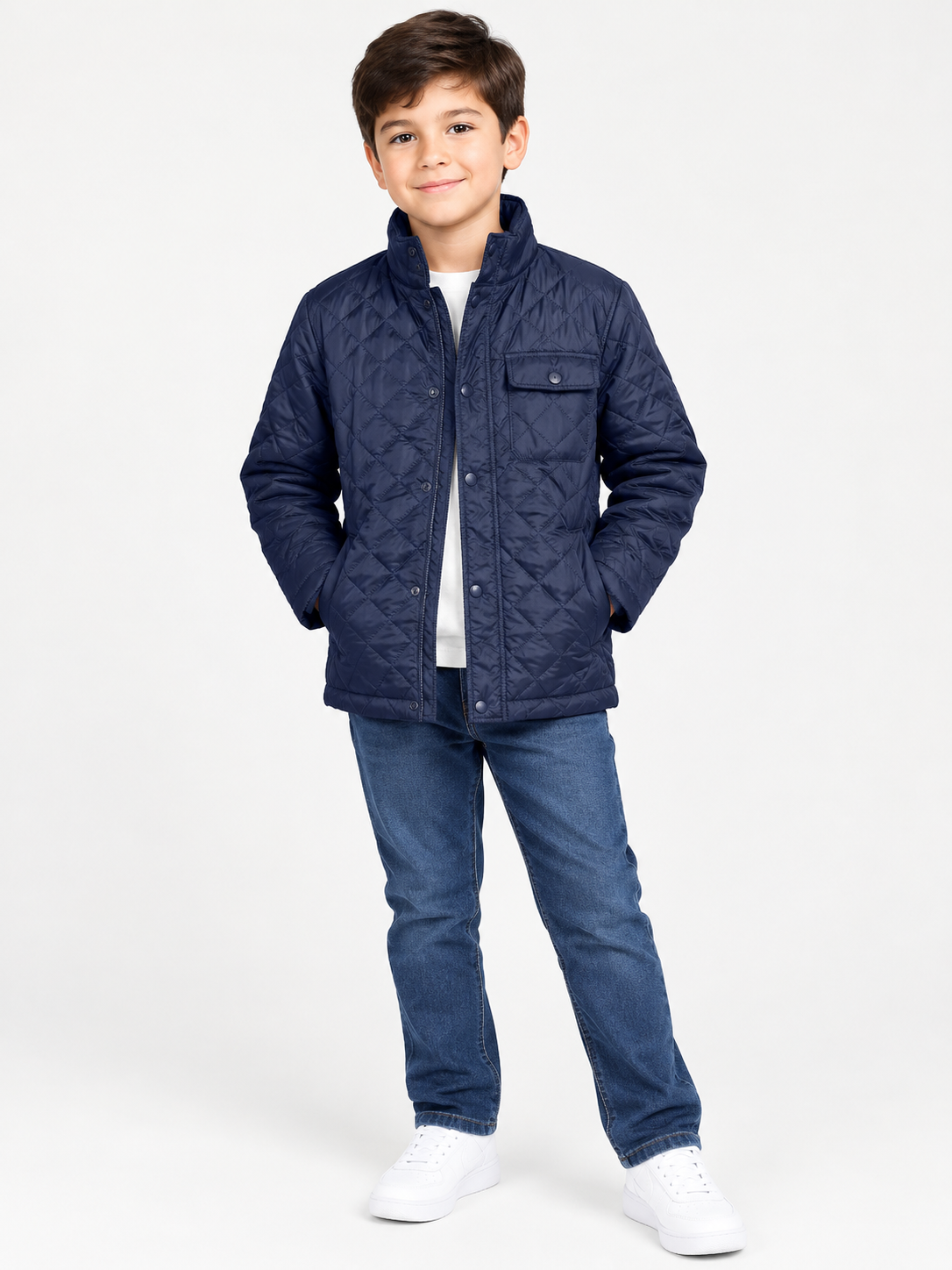  Amazon Essentials Boys' Navy Blue Quilted Padded Jacket in UK Size M. Stylish, comfortable winter outerwear with snap buttons and practical pockets.