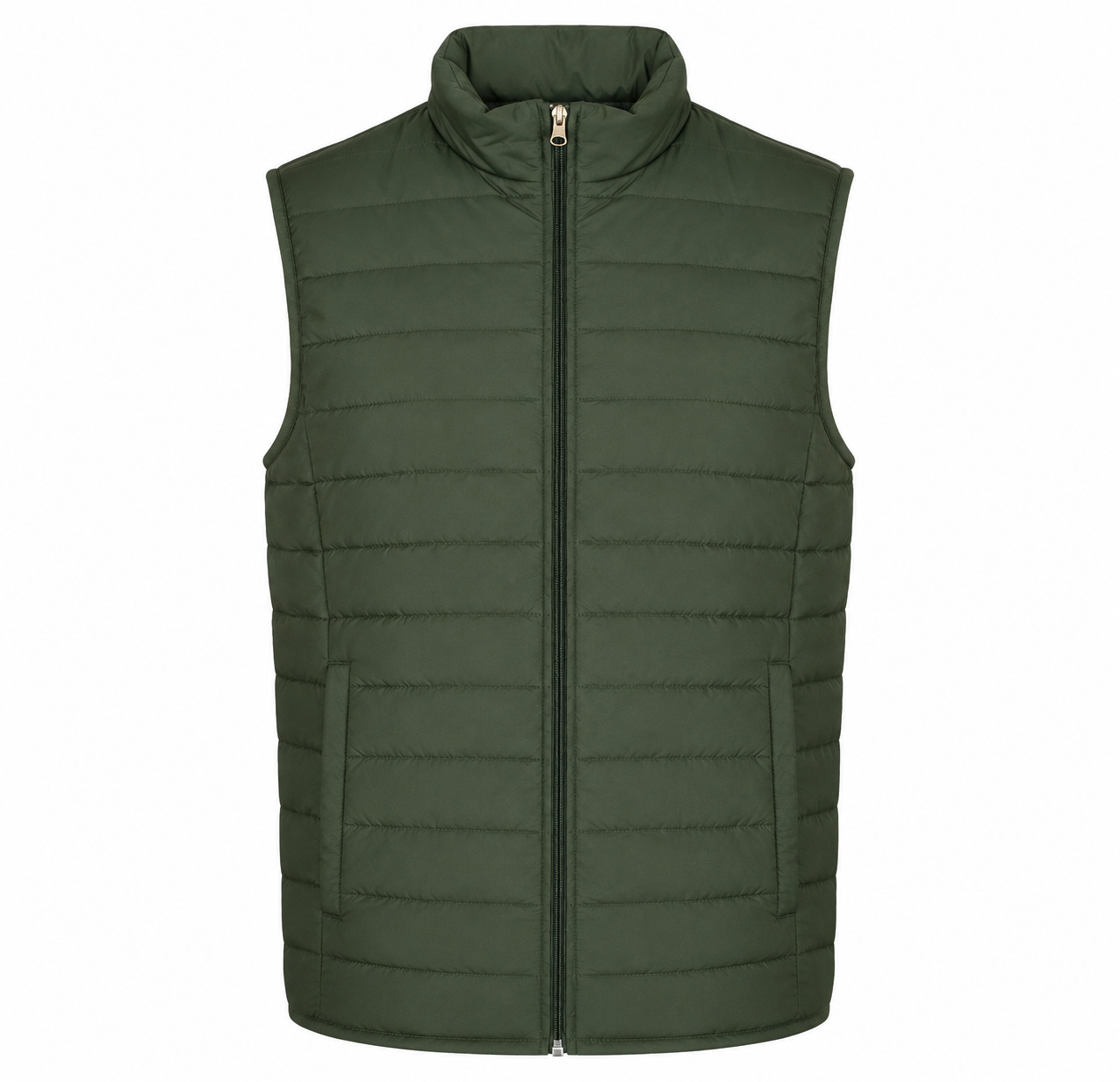 Amazon Essentials Men's Olive Green Quilted Puffer Gilet Vest in UK Size XL. Stylish padded sleeveless design with zip fastening, high collar and side pockets.