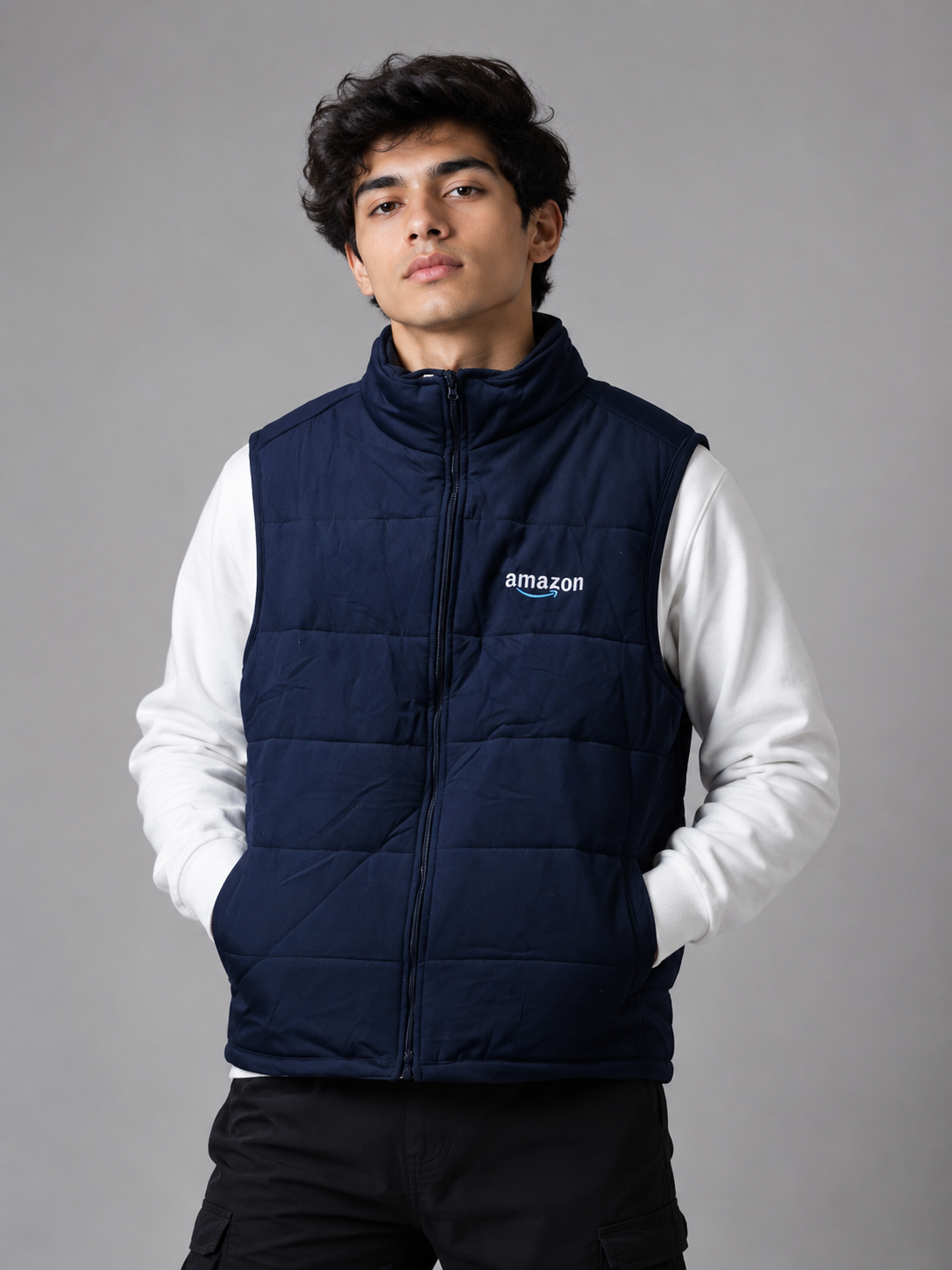   Amazon Navy Quilted Puffer Gilet in UK Size M. Stylish padded bodywarmer with zip fastening, pockets and versatile everyday design.
