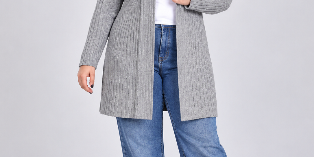 American Eagle Outfitters women's grey ribbed open front longline cardigan in UK 3XL. Chest 22", length 32". Stylish everyday layering.