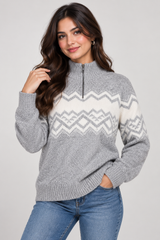 American Eagle Women Grey Fair Isle Quarter-Zip Knit Jumper