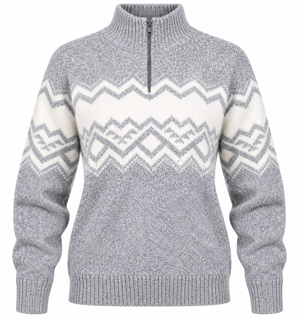  American Eagle women’s grey Fair Isle quarter-zip knit jumper in UK Size L. Cosy Nordic-inspired winter knit in very good 4-star condition.