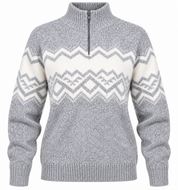  American Eagle women’s grey Fair Isle quarter-zip knit jumper in UK Size L. Cosy Nordic-inspired winter knit in very good 4-star condition.