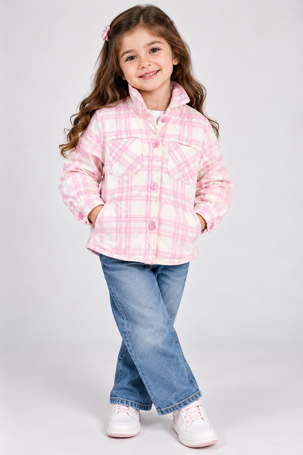 Angel Girls Pink & White Checked Shacket in UK Size 5-6 Years. Stylish button-up overshirt with chest pockets, perfect for everyday layering.