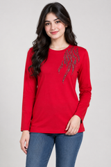 Anna Rose Red Long Sleeve Embellished Top