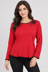 Anna Rose Women Red Embellished Long Sleeve Top with Black Floral Detail