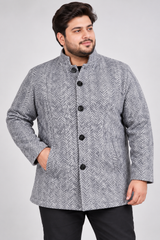 ANNE DE LANCAY Men Grey Herringbone Pattern Button-Up Winter Coat