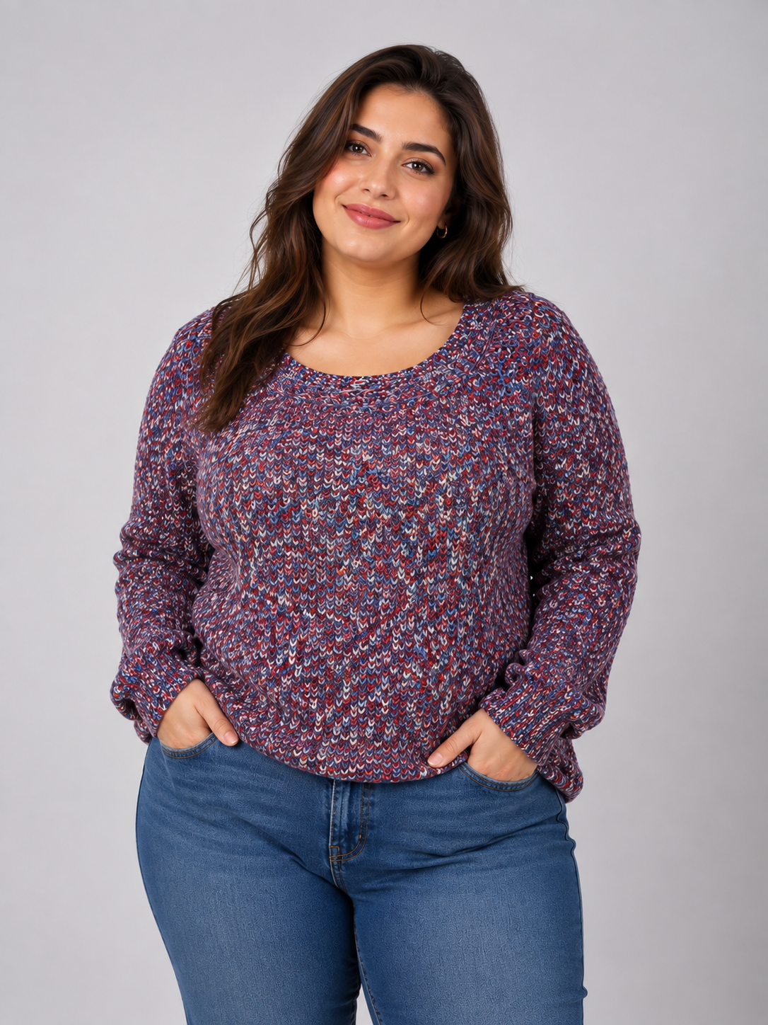 ANTHOLOGY women’s multicoloured chunky knit jumper in UK size 24/26. Stylish red, blue and white textured pullover with a relaxed fit, perfect for casual wear.