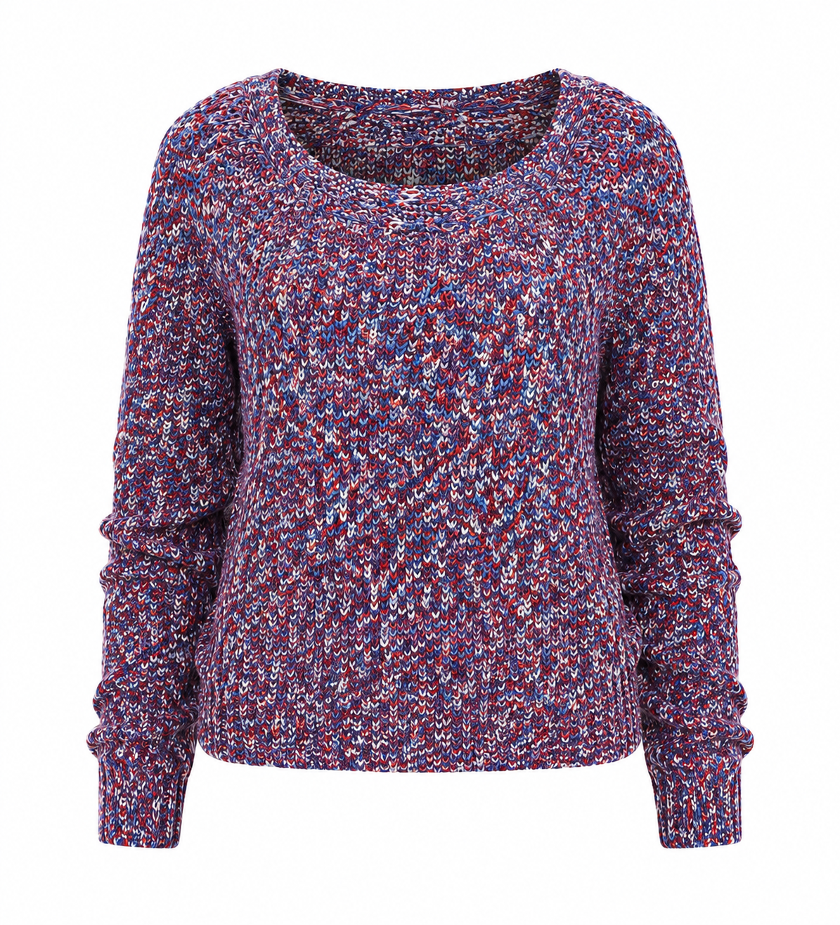 ANTHOLOGY women’s multicoloured chunky knit jumper in UK size 24/26. Stylish red, blue and white textured pullover with a relaxed fit, perfect for casual wear.