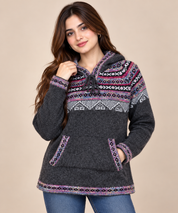 APRICOT women’s charcoal Fair Isle hooded knitted jumper in UK Size M. Cosy winter sweater with multicolour Nordic pattern and front pockets.
