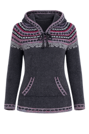 APRICOT women’s charcoal Fair Isle hooded knitted jumper in UK Size M. Cosy winter sweater with multicolour Nordic pattern and front pockets.