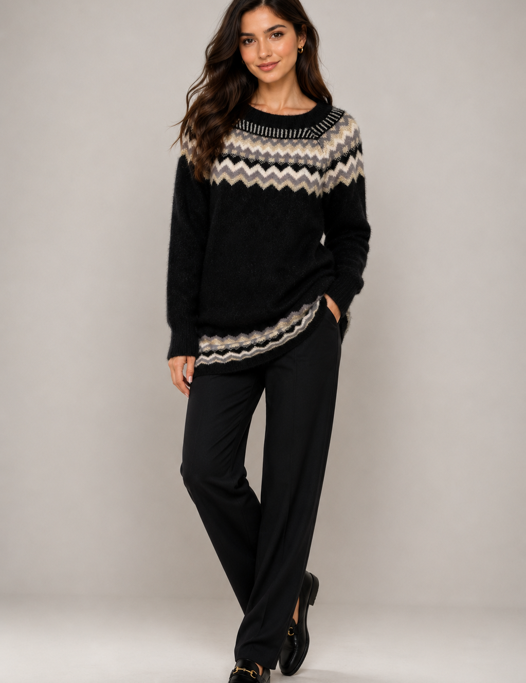 Apricot women’s black patterned knit jumper dress in UK Size 14. Soft fuzzy knit with cream, grey and white detailing, perfect for cosy winter styling.