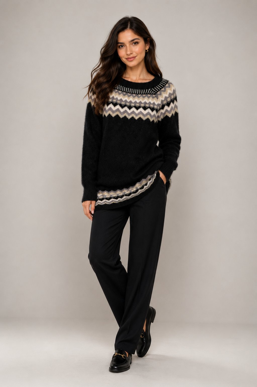 Apricot women’s black patterned knit jumper dress in UK Size 14. Soft fuzzy knit with cream, grey and white detailing, perfect for cosy winter styling.