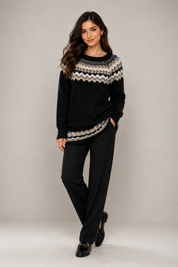Apricot women’s black patterned knit jumper dress in UK Size 14. Soft fuzzy knit with cream, grey and white detailing, perfect for cosy winter styling.