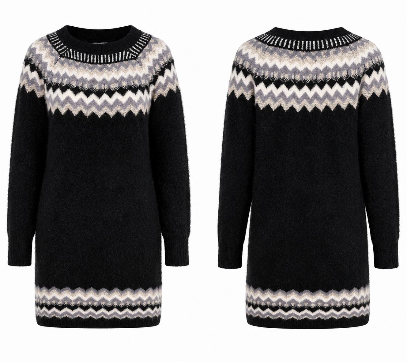 Apricot women’s black patterned knit jumper dress in UK Size 14. Soft fuzzy knit with cream, grey and white detailing, perfect for cosy winter styling.
