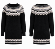 Apricot women’s black patterned knit jumper dress in UK Size 14. Soft fuzzy knit with cream, grey and white detailing, perfect for cosy winter styling.
