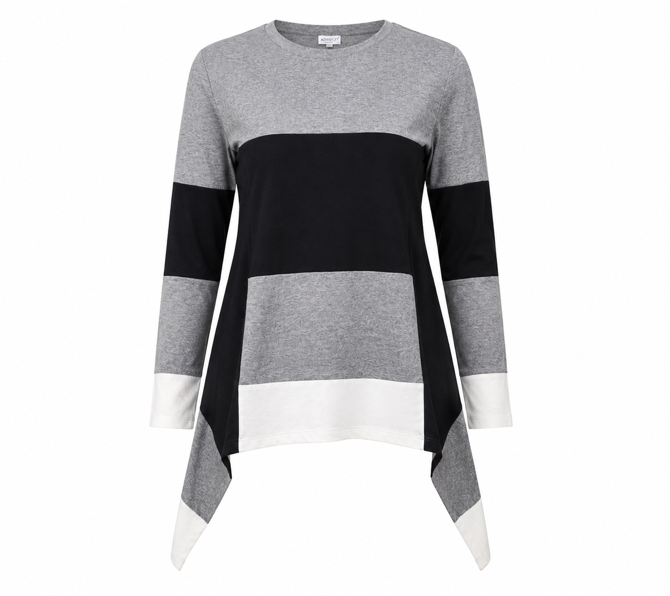  Apricot women's colour block tunic in UK Size M. Stylish grey, black and white long sleeve top with an asymmetric hem, perfect for casual and smart-casual outfits.
