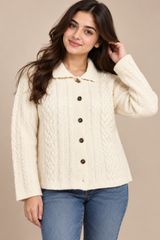 ARAN CRAFTS Women Cream Cable Knit Button Cardigan