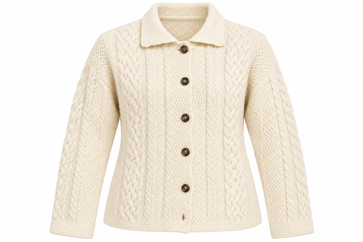 ARAN CRAFTS women’s cream cable knit cardigan in UK Size M. Classic collared design with button fastening and textured knit, ideal for winter layering.