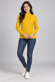  the ARISTA mustard yellow textured knit mock neck jumper in UK size M. Soft, stylish and versatile with long sleeves and ribbed detailing.