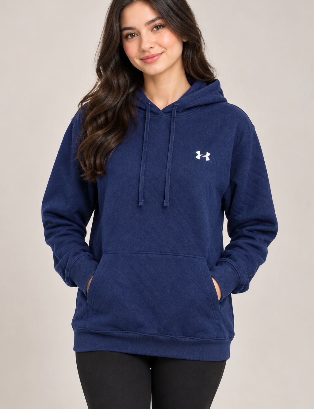  ARMOUR women’s navy blue pullover hoodie in UK Size M. Comfortable hooded sportswear with drawstrings and kangaroo pocket for everyday wear.