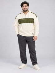  ASOS men’s cream and olive colour block hoodie in UK 4XL, featuring a quarter zip, drawstring hood, chest zip pocket and kangaroo pocket.