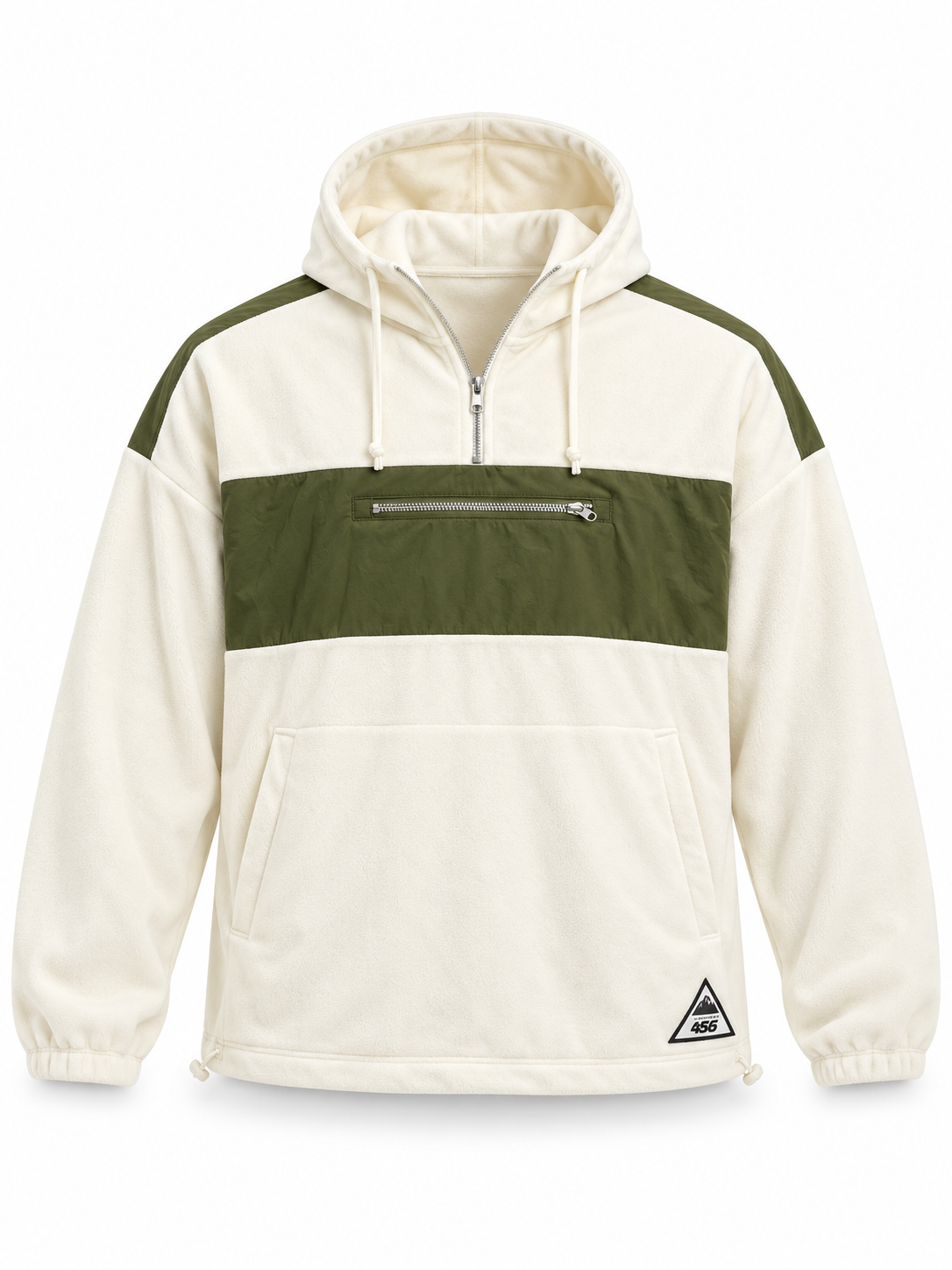 ASOS men’s cream and olive colour block hoodie in UK 4XL, featuring a quarter zip, drawstring hood, chest zip pocket and kangaroo pocket.