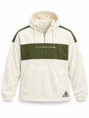 ASOS men’s cream and olive colour block hoodie in UK 4XL, featuring a quarter zip, drawstring hood, chest zip pocket and kangaroo pocket.