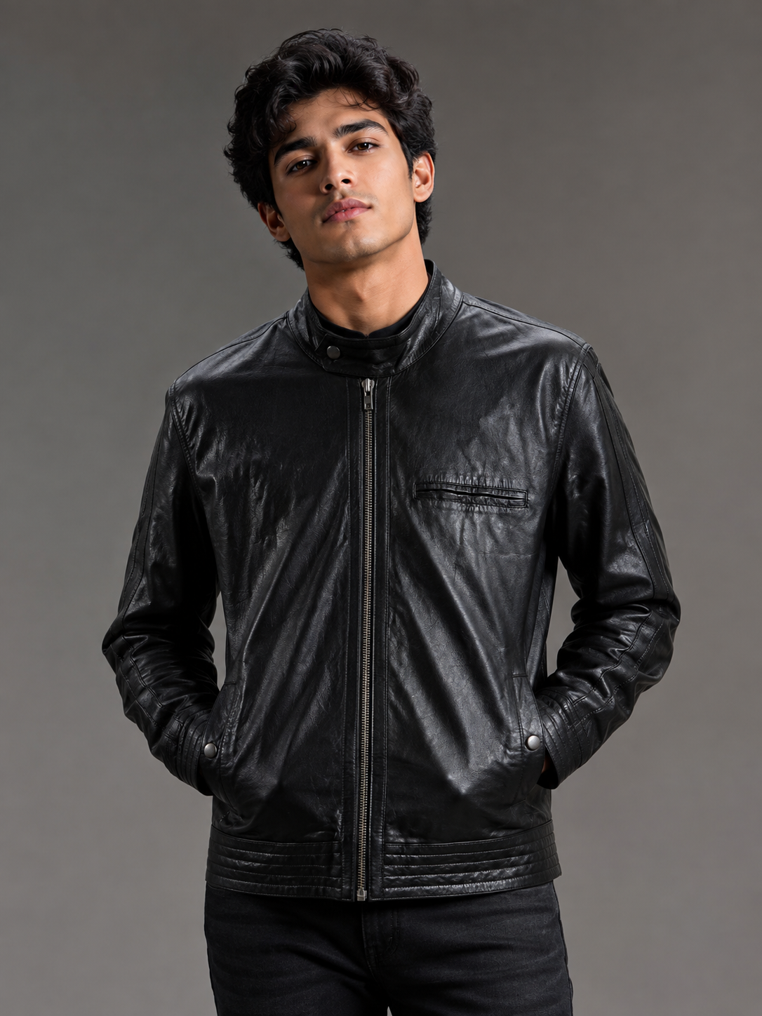  ASOS Men's Black Leather Jacket in UK Size M. Stylish full-zip design with snap collar, chest pocket, zipped cuffs and classic biker-inspired detailing.