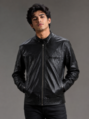  ASOS Men's Black Leather Jacket in UK Size M. Stylish full-zip design with snap collar, chest pocket, zipped cuffs and classic biker-inspired detailing.