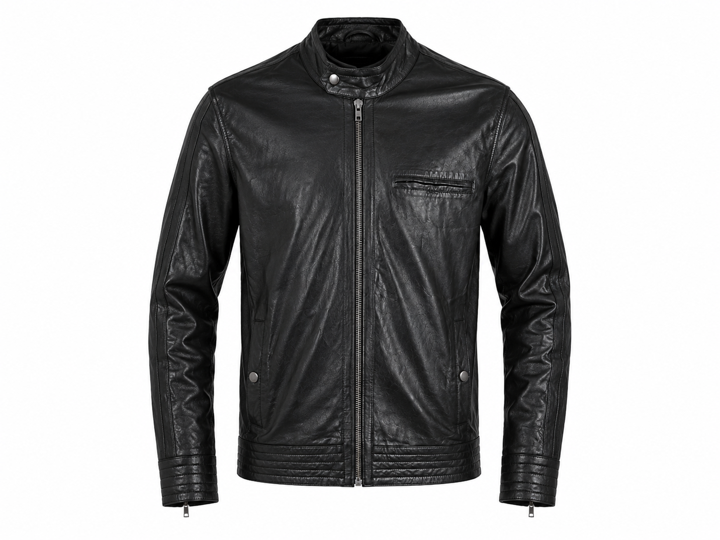  ASOS Men's Black Leather Jacket in UK Size M. Stylish full-zip design with snap collar, chest pocket, zipped cuffs and classic biker-inspired detailing.