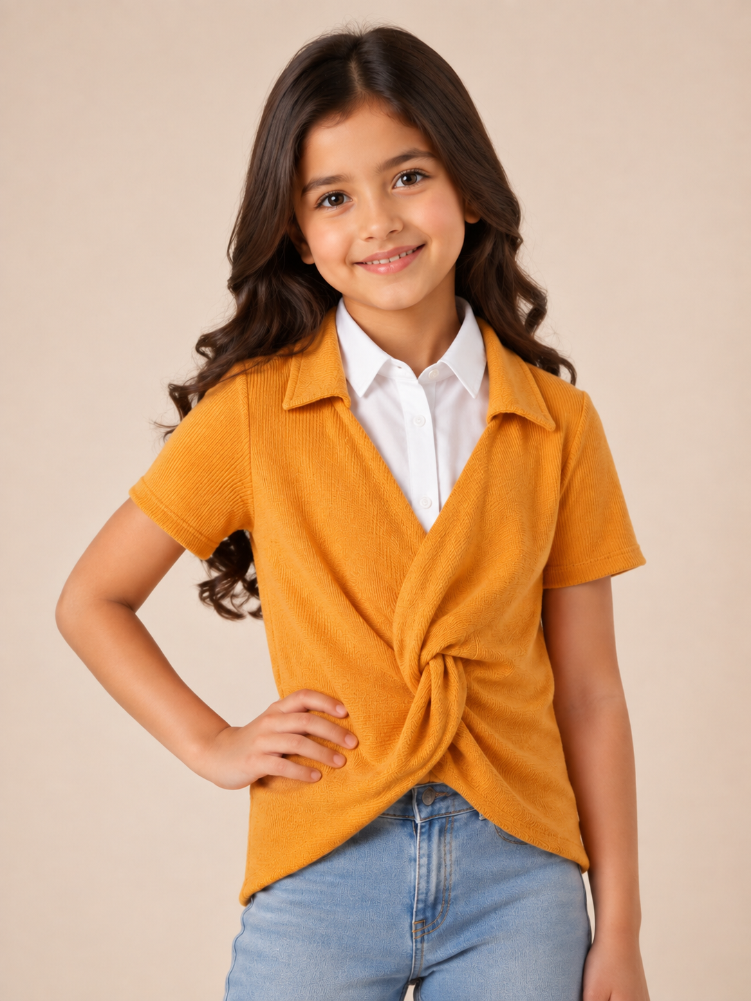  ASOS mustard orange ribbed wrap-front knit top in UK Size 8, featuring a stylish collar, short sleeves and twisted knot detail.