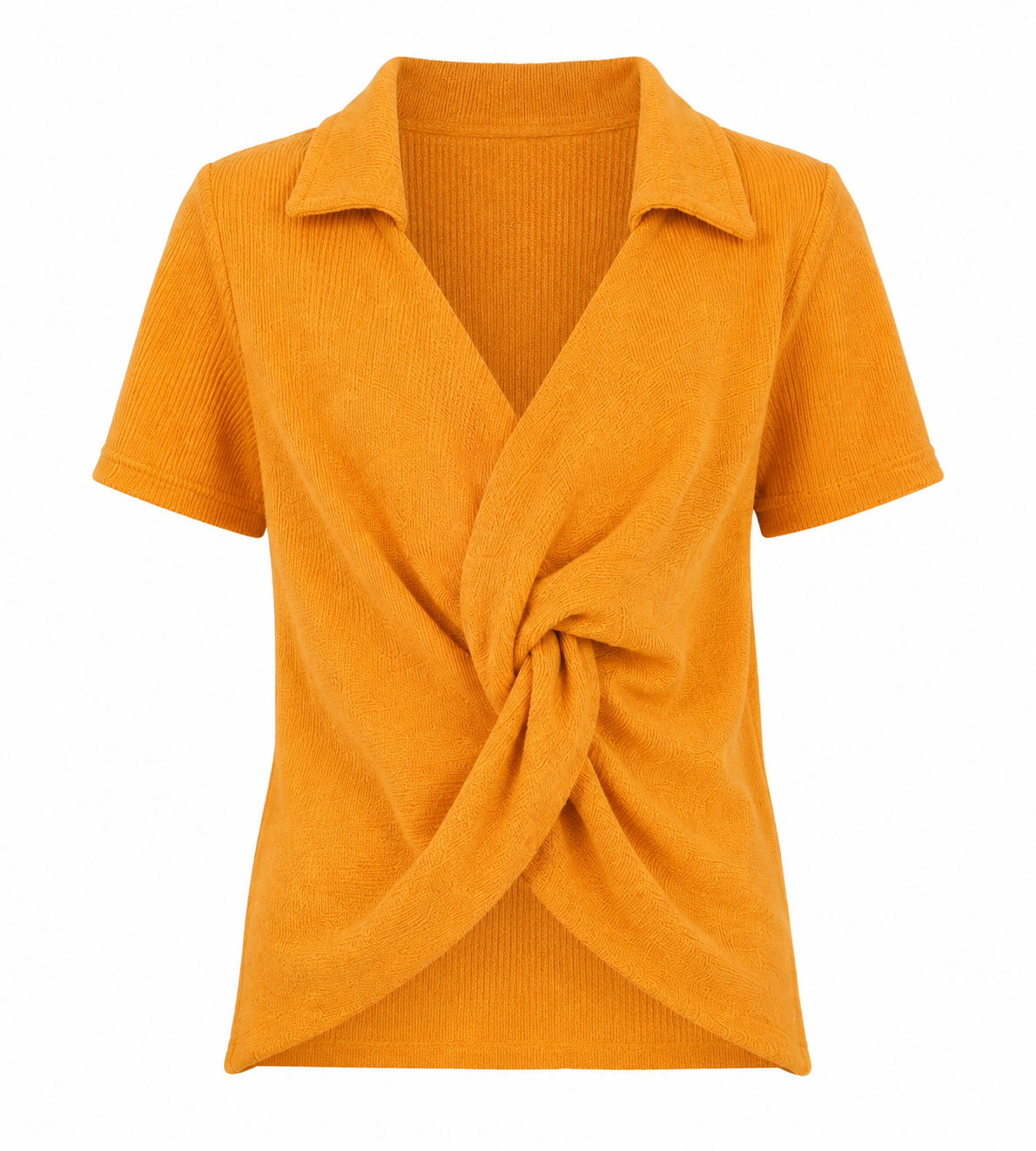  ASOS mustard orange ribbed wrap-front knit top in UK Size 8, featuring a stylish collar, short sleeves and twisted knot detail.