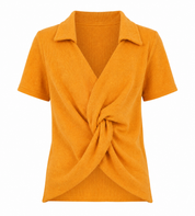  ASOS mustard orange ribbed wrap-front knit top in UK Size 8, featuring a stylish collar, short sleeves and twisted knot detail.